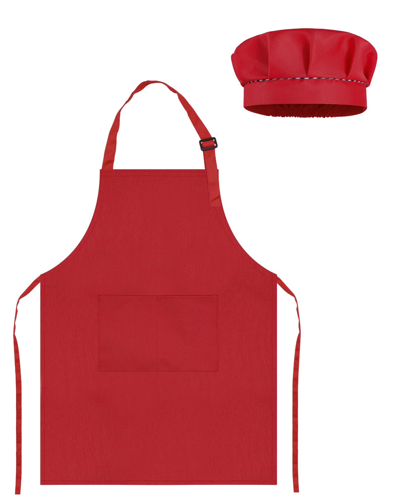 TOPWAYS Kids Apron and Chef Hat Set, Adjustable Children Chef Apron Outfit Costume, Kitchen Apron for Baking Cooking Painting, Artist Dress with Two Pockets (red, M (3 to 6 years)