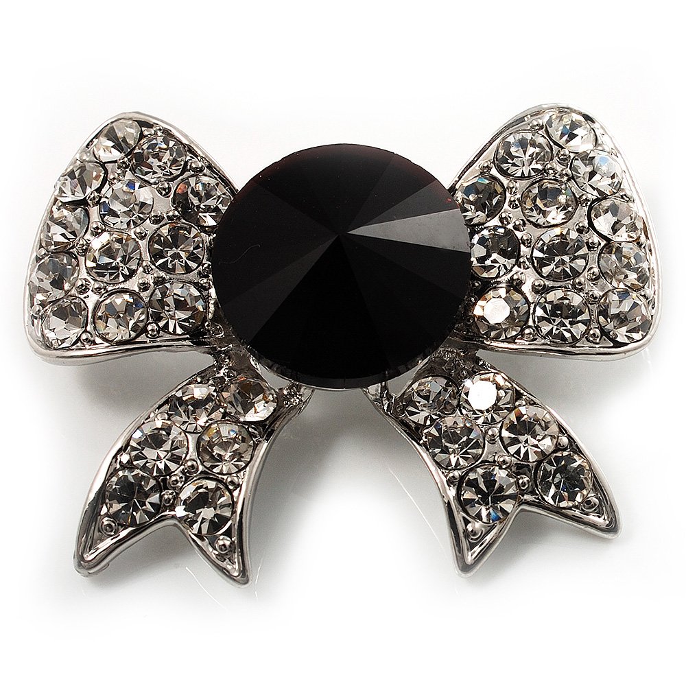 Smart Crystal Bow Brooch (Silver,Clear&Black)