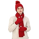 Double Couple 3pcs Winter Women scarf and hat and Touch Screen Gloves Set for Women Knit Hat with Faux Fur Ball Scarves Glove