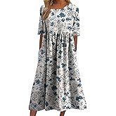 domirica Floral Long Dress for Maternity Women Comfy Floral Printed Ankle Length Short Sleeve Summer Dresses with Pockets