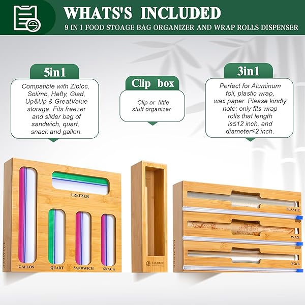 CALMBEE 9 IN 1 STORAGE BAG ORGANIZER FOR KITCHEN DRAWER, BAMBOO FOIL AND PLASTIC WRAP WITH CUTTER, ORGANIZERS COMPATIBLE GALLON, QUART, SANDWICH SNACK SIZE