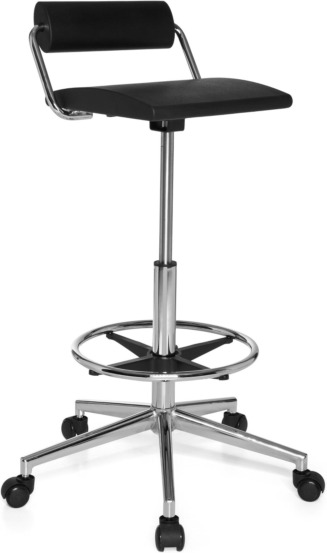 hjh OFFICE, 665170, Counter chair, draughtsman chair, TOP WORK 28, black, foam, high rise task chair, stand, ironing chair, with castors, ring footrest height adjustable, chrome-plated steel base, lumbar support