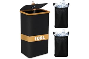 Hordolry Recycling Bin for Kitchen 26 Gallon, 100L Large Recycle Bins with Bamboo Lid, 2 Removeable Reusable Inner Bags, Foldable Kitchen Trash Can for Recycling Bottle Glass Waste Plastics, Black