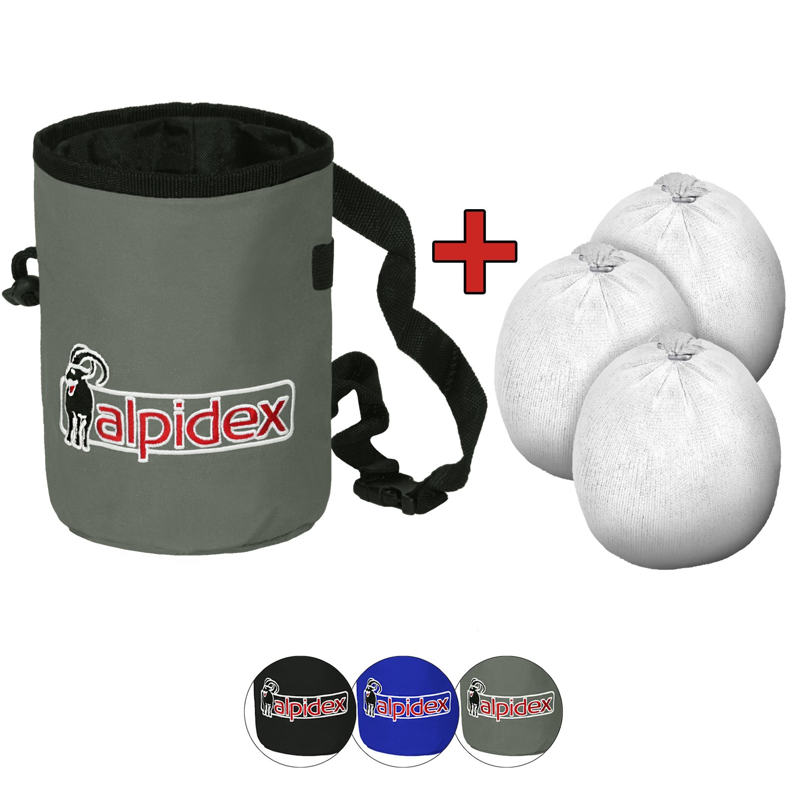 ALPIDEX Chalk Bag for Climbing with 3 x Chalk Ball 35 g and Belt | Chalk Bucket in for Bouldering and Rock Climbing, Colour:Grey Mountain