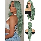Quantum Love Long Curly Green Wig for Women Light Green Long Wavy Wigs 28Inch Natural Looking Synthetic Colorful Hair for Cosplay Halloween Daily Party Use