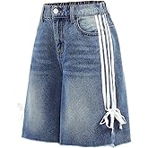 WDIRARA Girl's Bowknot Side Striped High Waisted Denim Shorts Raw Hem Wide Leg Jean Bermuda Shorts