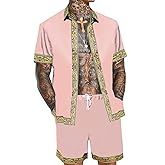 OYOZONE Men's Hawaiian Shirt and Short Set 2 Piece Outfits Luxury Printed Casual Button Down Short Sleeve Satin Shirt Suits