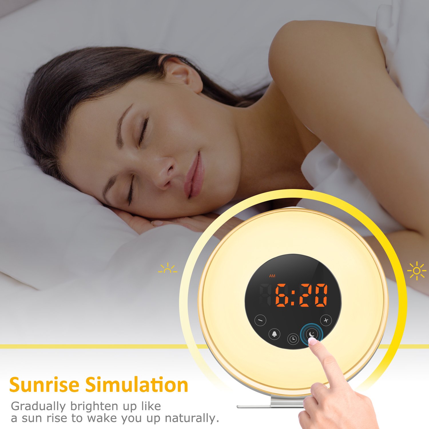 Ifecco Despertador despertador con luz del sol y simulación, noche de la luna del LED más 7 color que cambia la alarma de radio de la ayuda FM, control del tacto