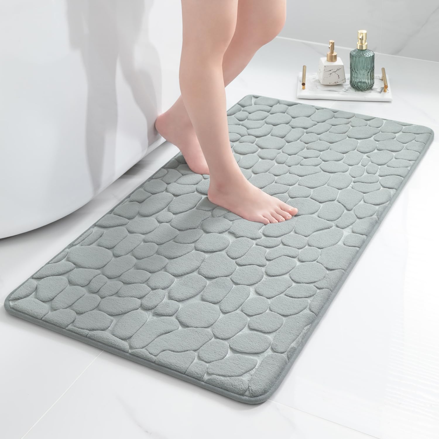 chakme Memory Foam Bath Mat, Shower Mat, Absorbent Bathroom Rug, Shower Mat, Decorative Foot Mat, Non-Slip Mat for Bathroom and Living Room, 60 x 120 cm, Light Grey