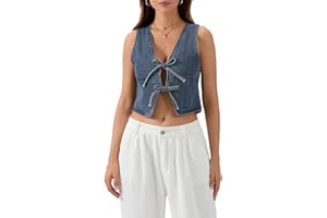 LOUVASABUCE Women's Lace Up Tie Front Sleeveless Denim Deep V Neck Sleeveless Low Cut Vest Slim Fit Going Out Solid Crop Top