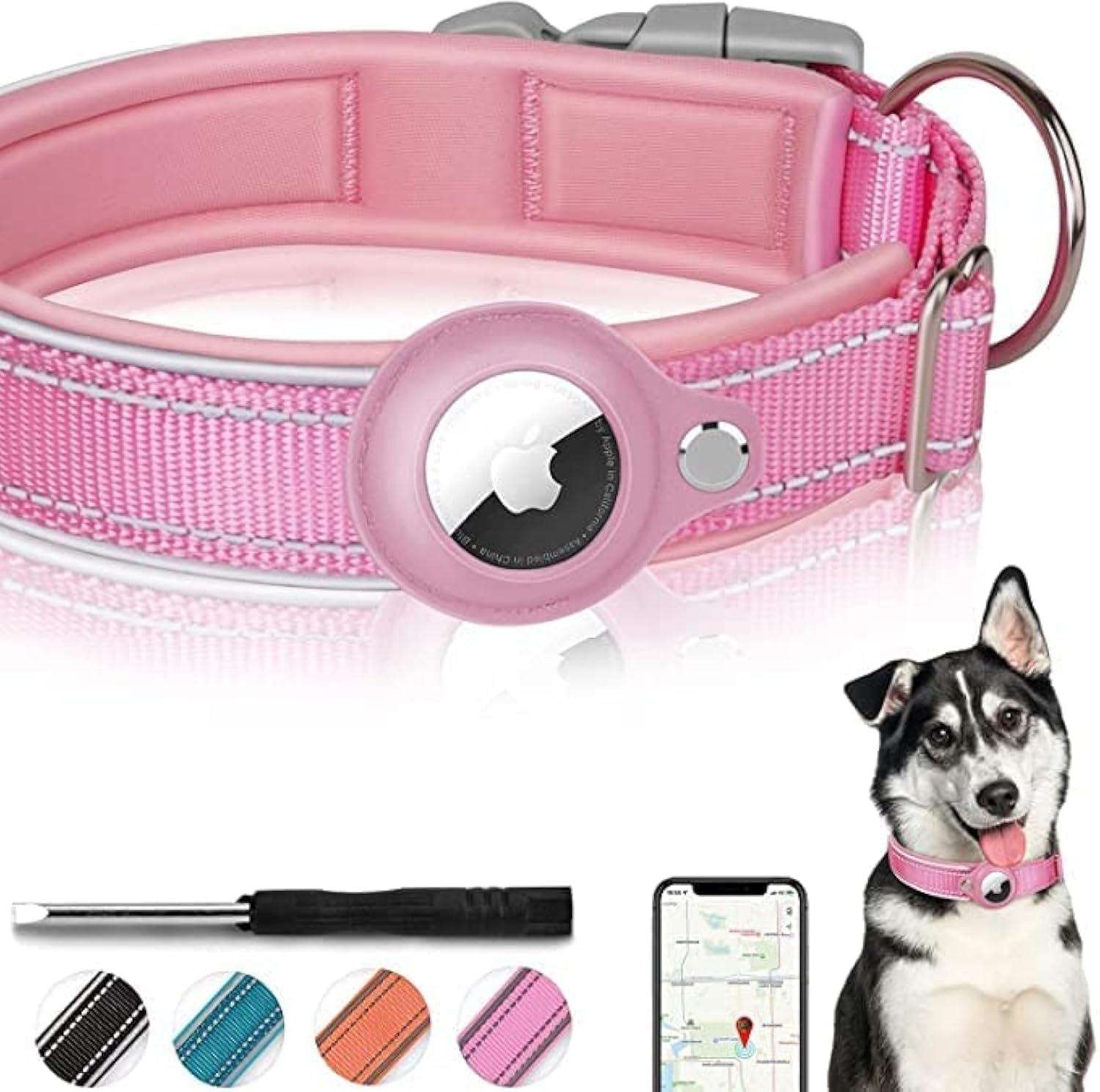 Airtag Dog Collar, Reflective Nylon Dog Collar, Adjustable Pet Collar With Quick Release Buckle, Apple Airtag Collar With Holder For Small, Medium, Large and XL Dogs (Small, Pink)