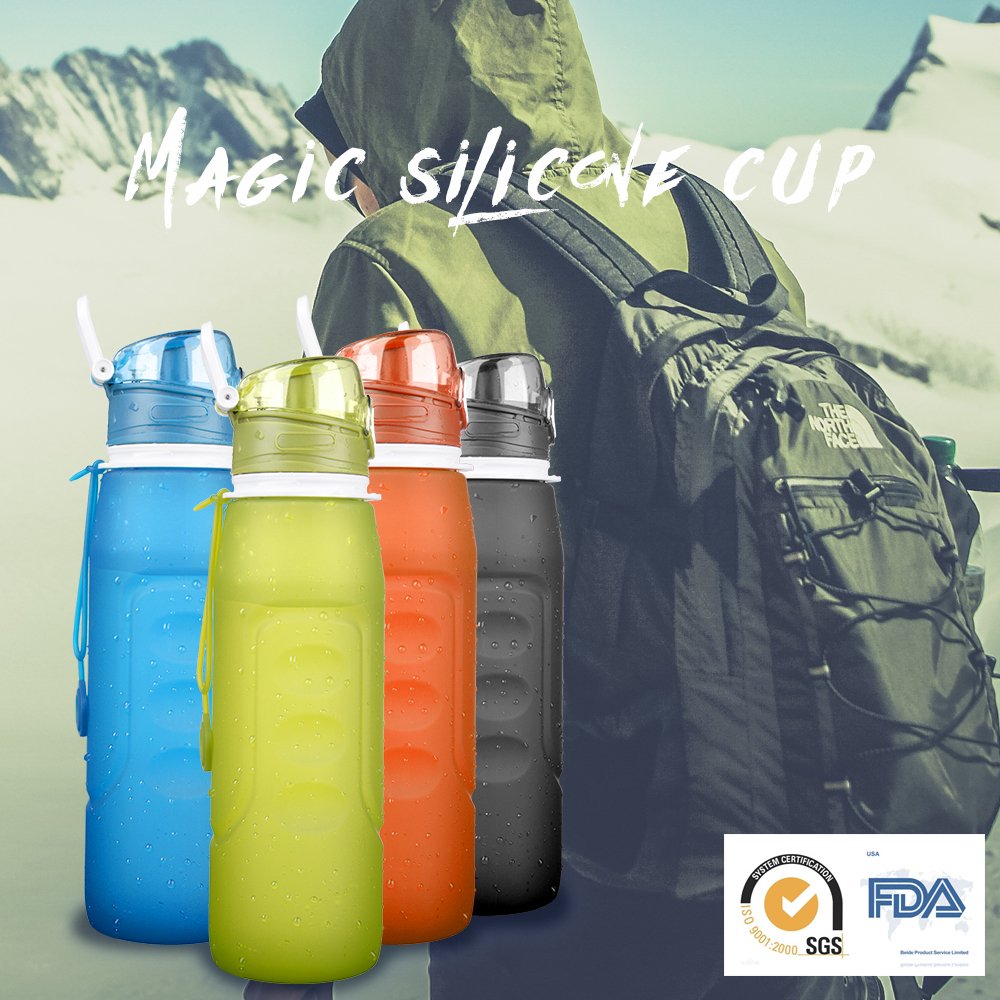 Collapsible Water Bottle,Folding Silicone Water Bottle,MeanLove Outdoor Sports 1000 ml/34 Ounce Portable Silicone Water Bottle Leak Proof Twist Cap,34 Ounce（34 OZ）/ 1 L Water Bottle (Black Gray, 1000 ml / 35 Ounce)