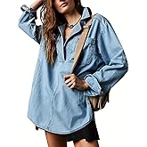 yoeasy Women's Denim Pullover Oversized V Neck Jean Shirt Loose Fit Long Sleeve Denim Jacket With Pocket