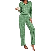 Ekouaer Women's Pajamas Set 2 Piece Knit Long Sleeve Button Down Sleepwear Soft Pjs Lounge Sets S-XXL