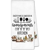 SHQIEUDH Grandparents Gifts from Grandkids Kitchen Towels, Gifts for Grandma Grandpa Decorative Hand Towel Dish Towels Tea Towel, Everything is Sweeter in Grandparents Kitchen Decor, 16x24 Inches