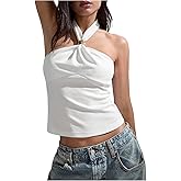 MakeMeChic Women's Halter Tops Criss Cross Backless Cute Going Out Tops Sleeveless Tie Casual Textured Shirt