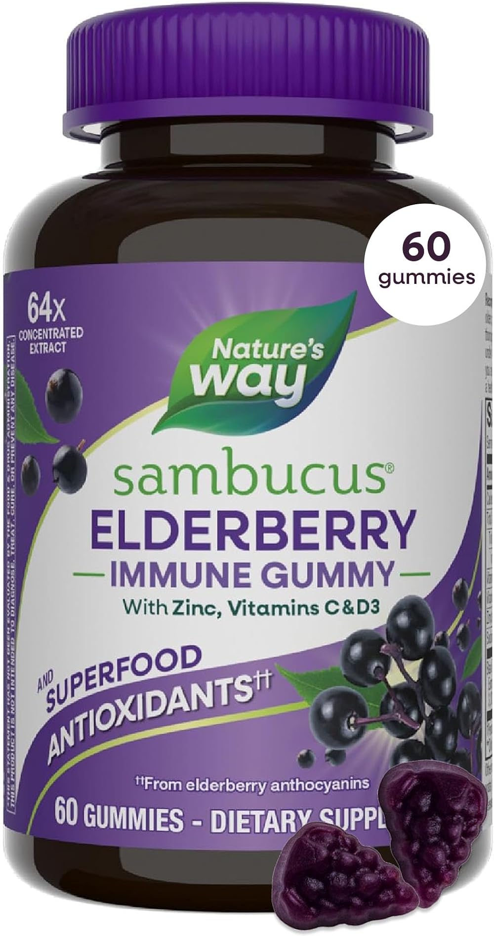 Nature's Way Sambucus Elderberry 3200 mg Gummy Immune Support with Vitamin C &