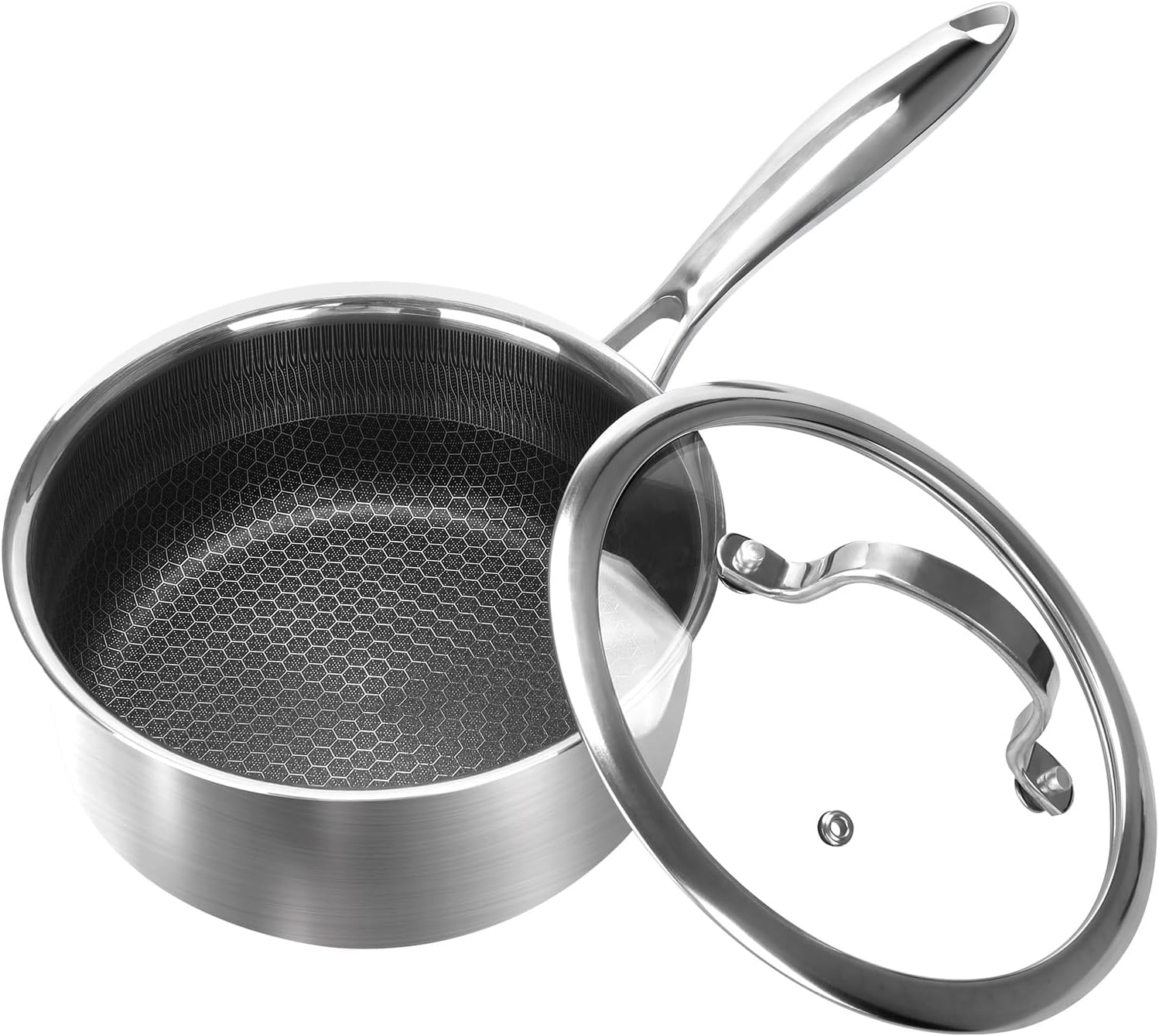 Photo 1 of 1QT Stainless Steel Saucepan With Lid, Honeycomb Non-stick Cooking Pot, Eco-Friendly PFOA-Free Coating, Compatible with All Cooktops, Perfect for Milk, Soup, Oatmeal & Baby Food, Dishwasher Safe