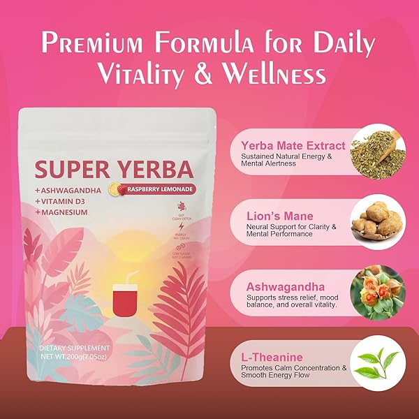 SUPER YERBA,YERBA MATE INSTANT TEA POWDER，RASPBERRY LEMONADE FLAVOR，YERBA MATE SUPPLEMENTS WITH PREBIOTICS AND PROBIOTICS，ENERGY BOOST, PROMOTE MENTAL CLARITY AND GUT HEALTH ， LOW SUGA (200G)
