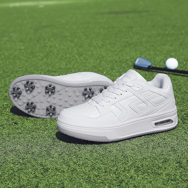 DARIBOM GOLF SHOES MENS WOMENS, SPIKED, WATERPROOF, CUSHIONING GOLF SPORT SNEAKERS (WHITE,44)
