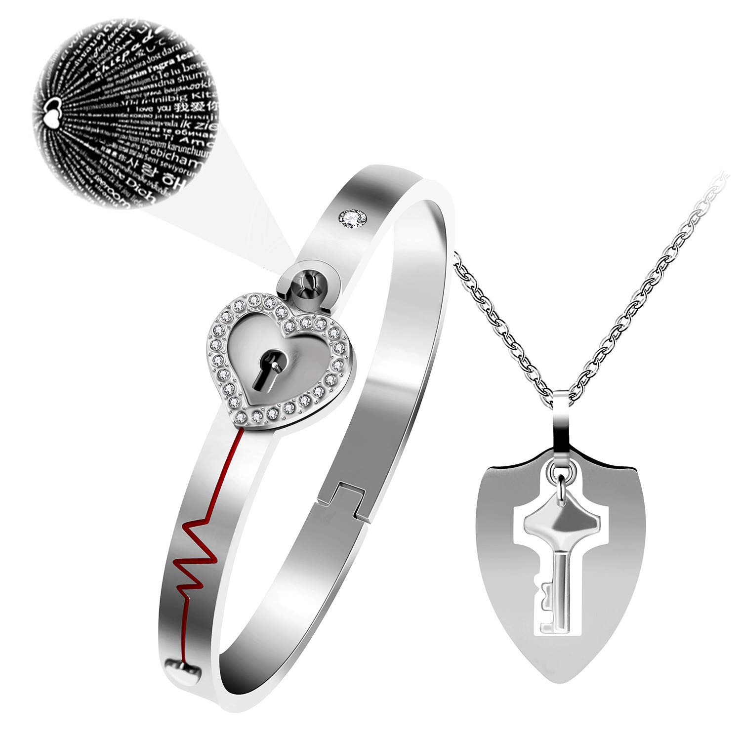 100 Languages I Love You Heartbeat Heart Bangle Bracelet & Shield Key Pendant Necklace for Couples Y953 (100 Lauages I Love You) — image 1