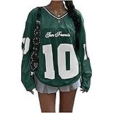 BEAUDRM Women's Jersey Shirts Number Letter Graphic V Neck Long Sleeve Oversized Sports T Shirts Tops