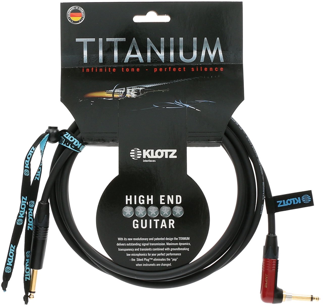 Klotz TIR0600PSP Titanium Guitar Cable with SilentPLUG, ¼-Inch Straight to Right Angle, 20ft, 20 ft