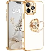 Fingic for iPhone 16 Pro Max Case(NOT FIT for iPhone 16/16 Pro/16 Plus)[360°Rotatable Ring Holder][Magnetic Car Mount] Shiny Plating Gold Slim Soft TPU Bumper Anti-Scratch Case for Girls Boys,White
