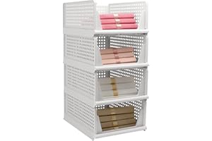 Goderewild Stackable Foldable Storage Baskets, Folding Storage Bins, Closet Organizers and Plastic Drawer Shelf Storage Container for Wardrobe, Cupboard, Kitchen, Bathroom, Office (White, 4L)