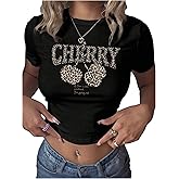 SweatyRocks Women's Leopard Cherry Print Tee Shirt Crew Neck Crop Casual Short Sleeve Fitted Going Out Tops