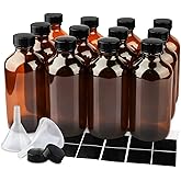 PINIWON 12 Pack 8 oz Amber Glass Bottles, 240ml Boston Round Sample Bottles with Black Poly Cone Caps, Labels and Funnels