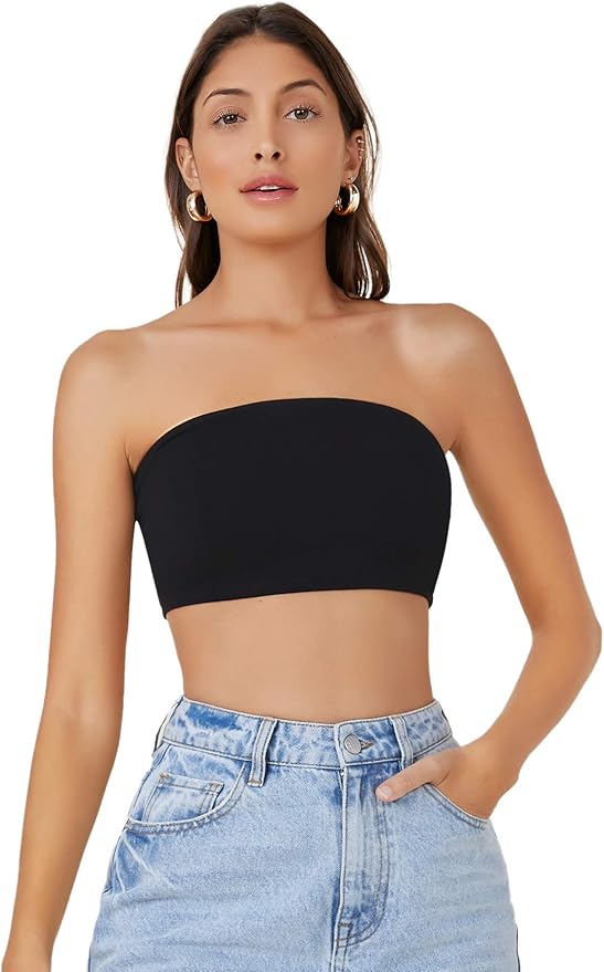MakeMeChic Women's Fitted Crop Tube Top Basic Strapless Bandeau at