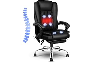 jamege 6-Point Massage Office Chair, Heating Executive Office Chair, Big and Tall PU Leather Ergonomic Office Chair with Footrest, Adjustable Height & Reclining Backrest