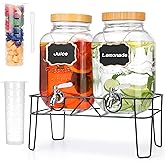 2 Pack 1 Gallon Glass Drink Dispenser with Bamboo Lids, Beverage Dispenser with Stand, Drink Machine for Lemonade, Iced Drinks Kombucha Dispenser for Parties