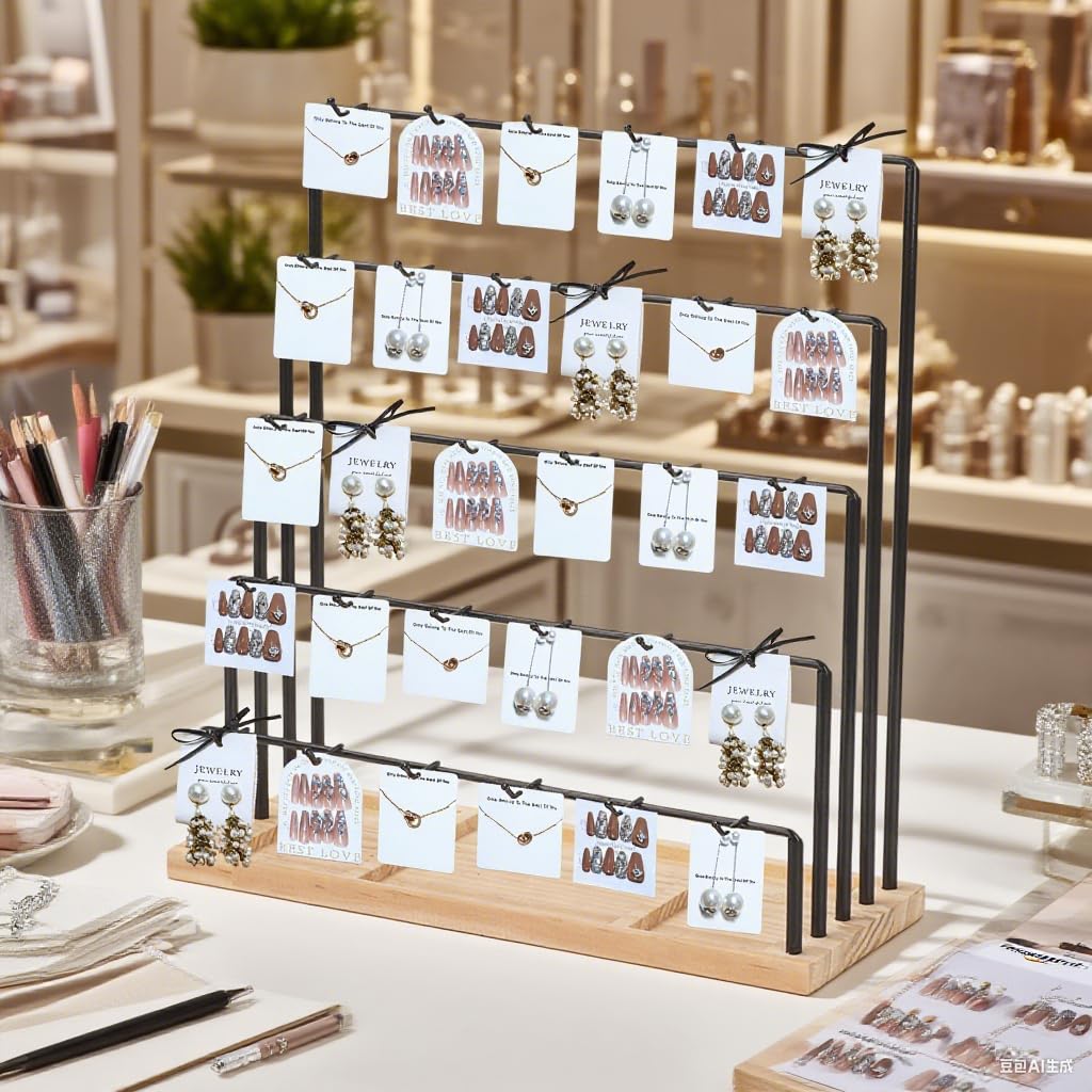 Yallmie Earring Display Stand For Selling, Jewellery Display Stand Wood 5 Tier Jewellery Stand Display, Earring Rack Display with 35 Hooks Jewelry Display For Vendors with Wooden Storage Tray