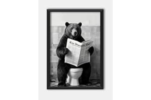Funny Bear Bathroom Wall Decor,Cute Bear Pictures for Restroom Toilet,Funny Canvas Print Painting,12"X16" Framed Wall Art Can