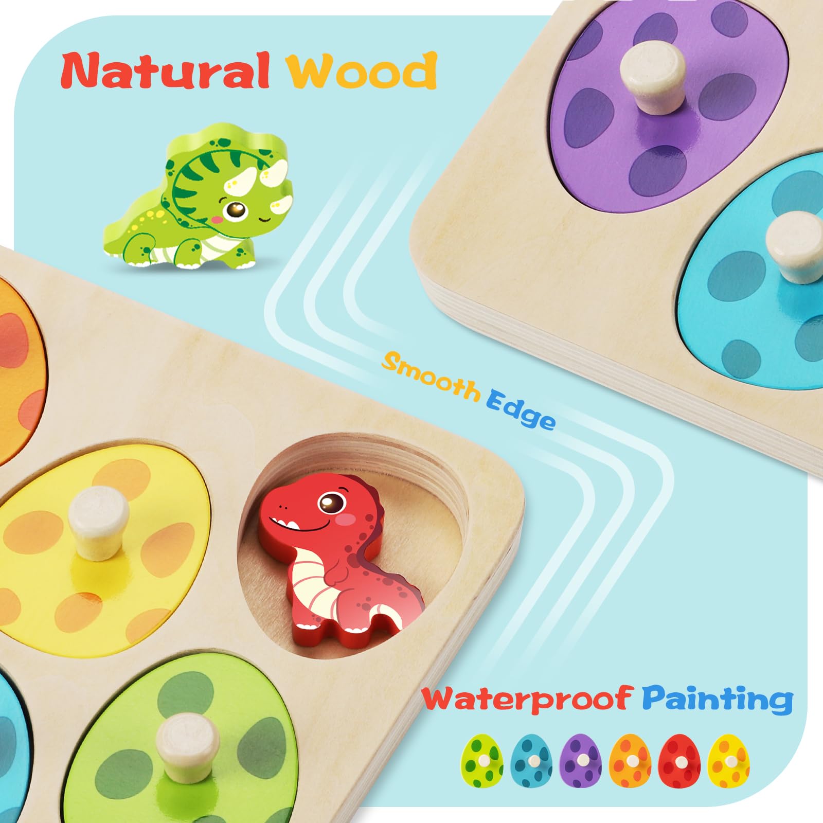 TOHIBEE Wooden Puzzles Montessori Toys for Toddlers 1-3, Dinosaur Eggs Peg Puzzles, Preschool Education Learning Toys for Boys and Girls, 6 Brightly Color Cute Dinosaur Shapes