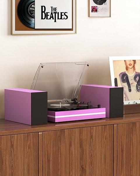 VINYL RECORD PLAYER WITH TWO EXTERNAL SPEAKERS BELT-DRIVE TURNTABLES FOR VINYLS RECORDS DUAL STEREO SPEAKERS LP PLAYERS 3 SPEED FULL SIZE WIRELESS AUX-IN HEADPHONE AUTO STOP PINK