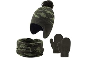 Zsedrut Dinosaur Winter Baby Beanie Hat Scarf Glove Set Fleece Lined Kids Boys Hat Knit Pompom Bonnet for Children Boys