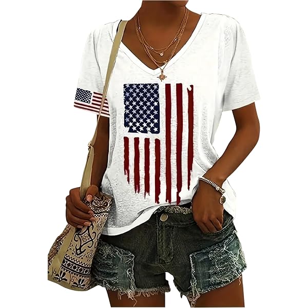 Women's American Flag V-Neck T-Shirt - 4th Of July Patriotic Tee With Ring Hole Detail, Stars & Stripes Print