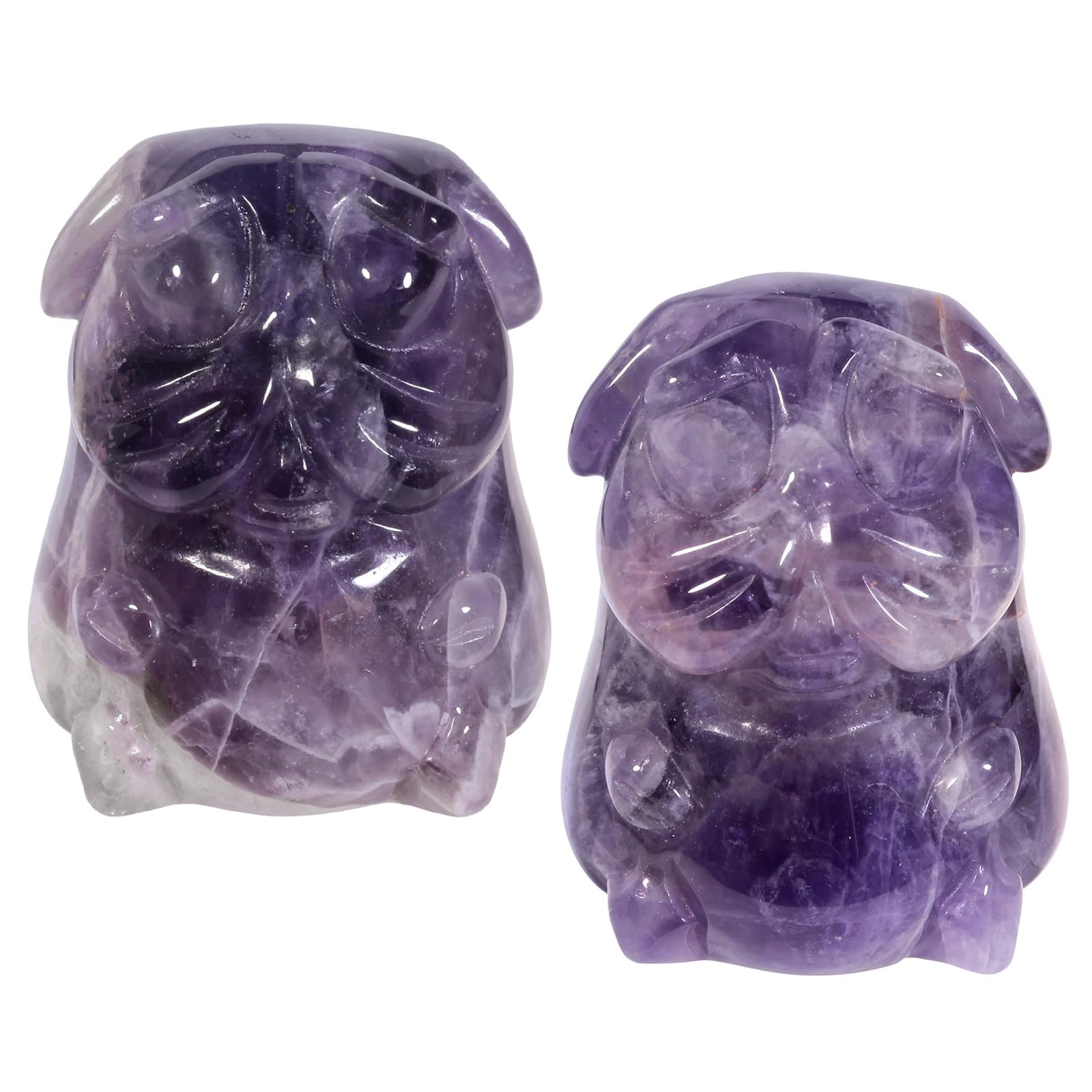 Nupuyai 2pcs Amethyst Mini Crystal Stone Statue Carved Animal Pug Dog Puppy Pekinese Set of 2, Energy Healing Stone Figurine Home Office Decor