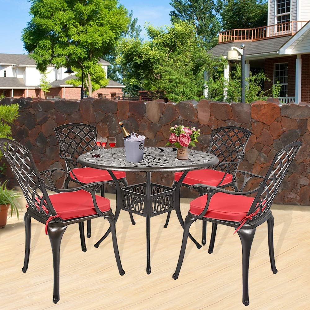 USSerenaY Cast Aluminum Bistro Set Outdoor Bistro Table Set Patio Furniture Sets with 4 Arm Chairs, Umbrella Hole, Antique Bronze Finish (4 Chairs + 1 Table Set(Lattice Weave)): Garden & Outdoor