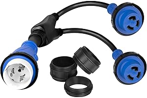 Marine Shore Power Y Splitter SS2-50P Male 50A to (2) L5–30R Female w/Locking Ring & Collar, 50A to Dual 30A Shore Power Cord