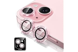 BERFY Camera Lens Protector for iPhone 15/15 Plus, Glitter Bling Aluminum Alloy Metal Ring, 9H Tempered Glass Camera Cover Screen Protector Accessories, Anti-Scratch, Case Friendly, Pink