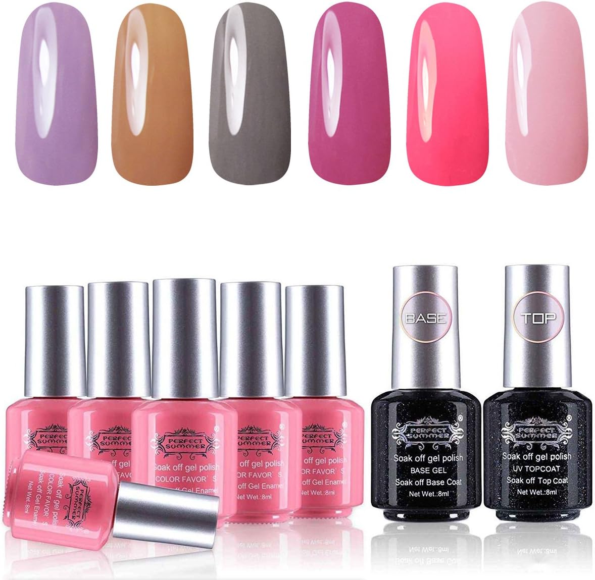 Perfect Summer Gel Nail Polish Set 6 Colors Gel Nail Varnish with Top Coat Base CoatSoak Off UV LED Manicure 8ML, Gray Color, Pink Color 080