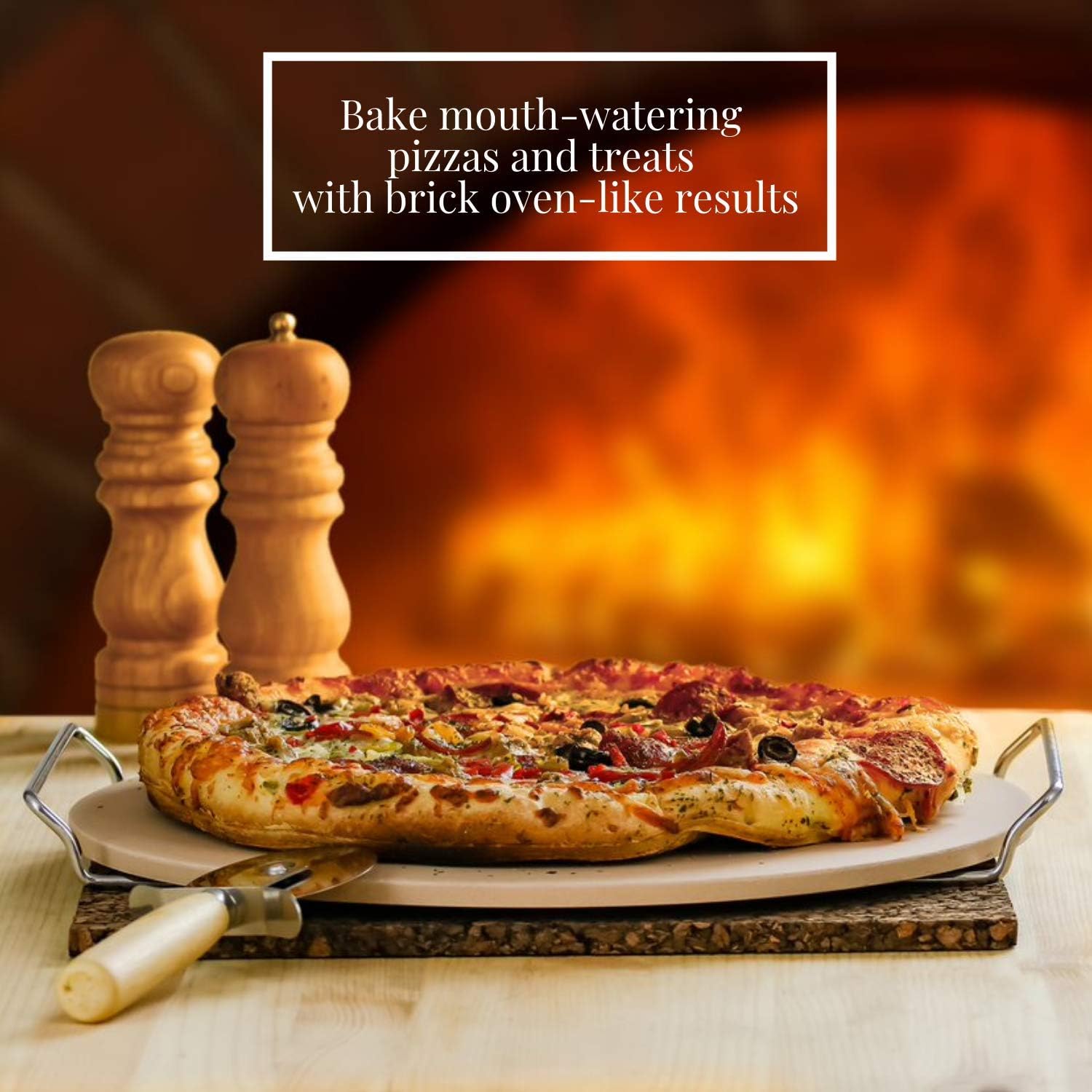 Ovente Ceramic Flat 13 Inch Pizza Stone Set with Crust Cutter Wheel & Metal Rack/Handle, Compact Easy Storage Portable Baking Grilling Stone Thermal Shock Resistance for Oven Grill BBQ, Beige: Kitchen & Dining