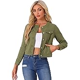 Allegra K Women's Denim Jacket Collarless Round Neck Button Down Long Sleeve Jean Jackets