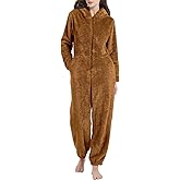 Kissonic Women's Onesies Pajamas Sherpa Fleece One Piece Romper Zipper Cute Hooded Jumpsuit Pajama Loungewear