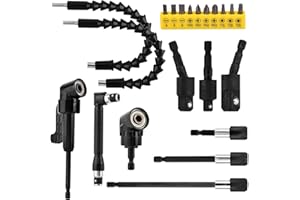 NOWHYX 21Pcs Right Angle Drill Attachment Set Include 2Pcs Flexible Drill Bit Extension 3Pcs 360° Rotatable Socket Adapter 2Pcs Hex Shank 105° Right Angle Attachment 10 Screwdriver Bits(COLOR:black)