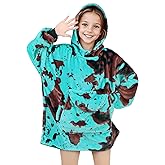 KIVEE Wearable Blanket Hoodie Kids Blue Cow Print Sweatshirt With Giant Pocket - Warm Cozy Hooded Blanket for 6-10 Year Old Girl Boy Birthday Gifts